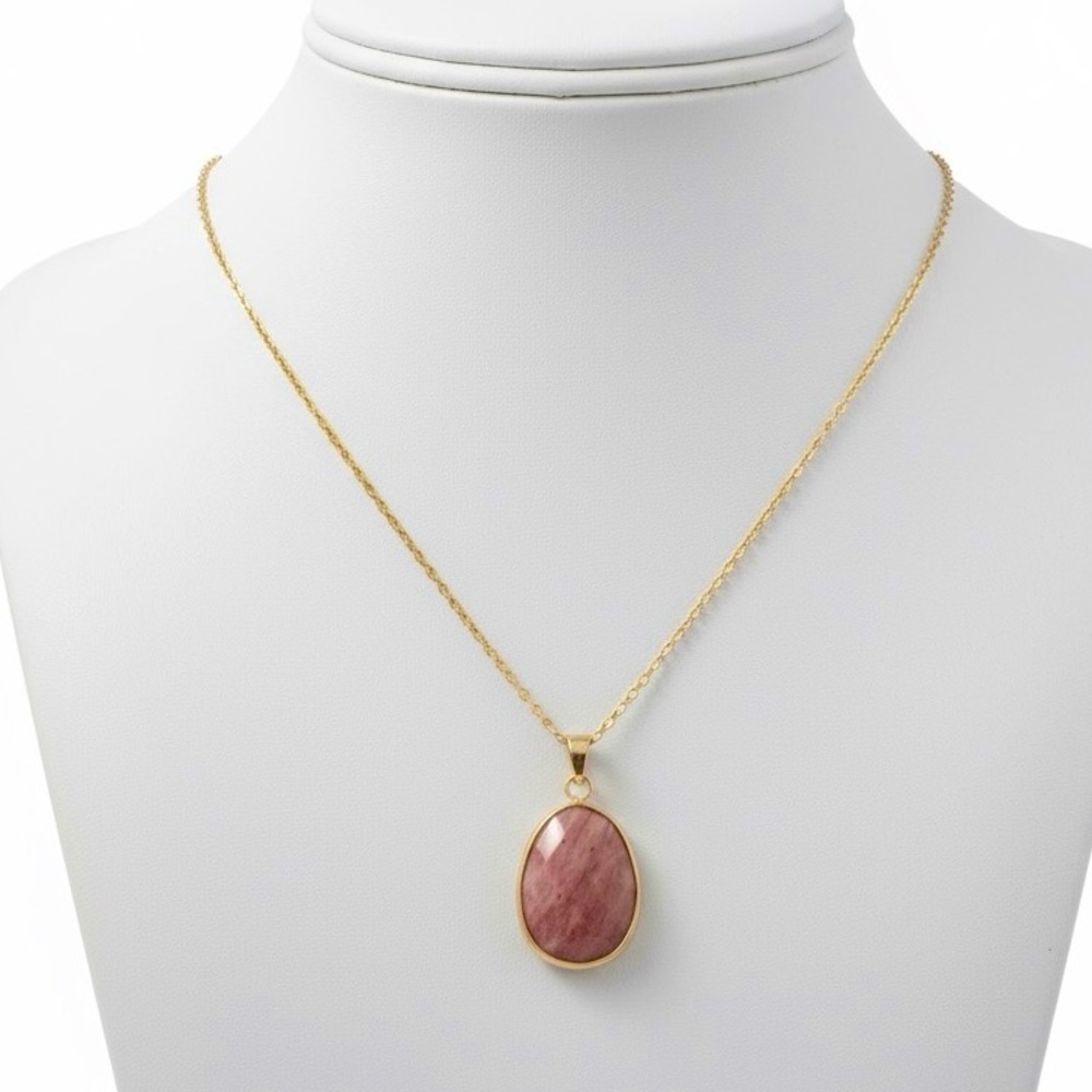 ✨2 for $30✨ Natural Rhodonite Pink Stone Pendant (Gold Tone Chain Necklace)